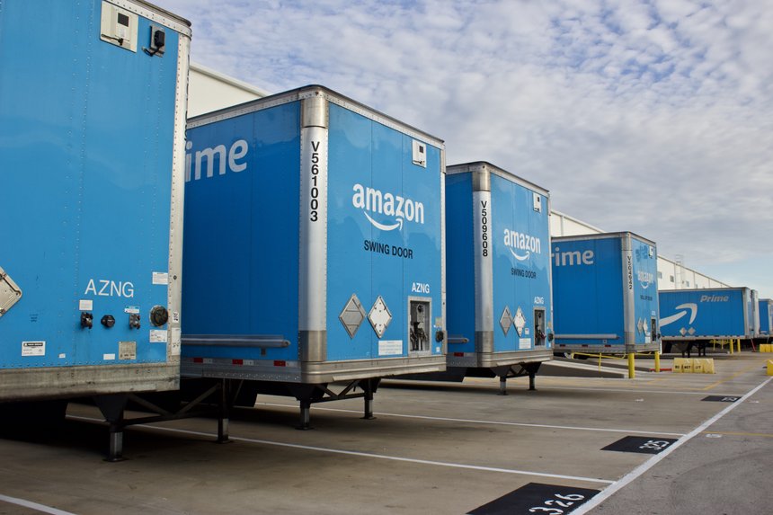 Miami Florida August 17,2019-multiple blue Amazon prime trailers
